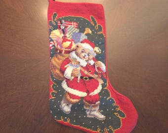 Vintage Needlepoint Christmas Stocking TEDDY BEAR SANTA Wool and Velvet 17" Long