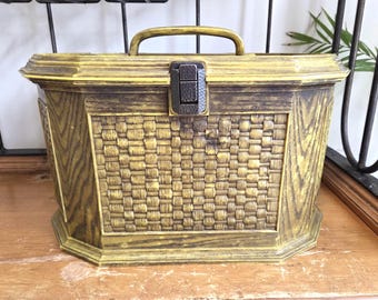 Vintage Lerner Sewing Box: Large Faux Wicker, 1970s Craft Storage