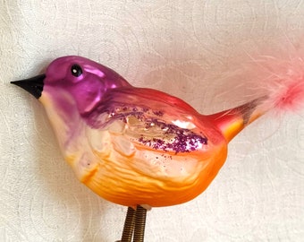 Vintage Figural Bird Glass Christmas Ornament  SPARROW Clip On Ornament with Pink Tail Feathers