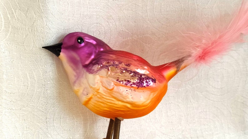 Vintage Figural Bird Glass Christmas Ornament SPARROW Clip On Ornament with Pink Tail Feathers image 1
