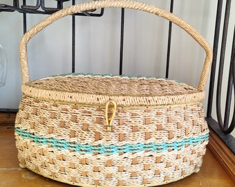 Vintage Faux Wicker Sewing Basket Large Sewing Basket Japan