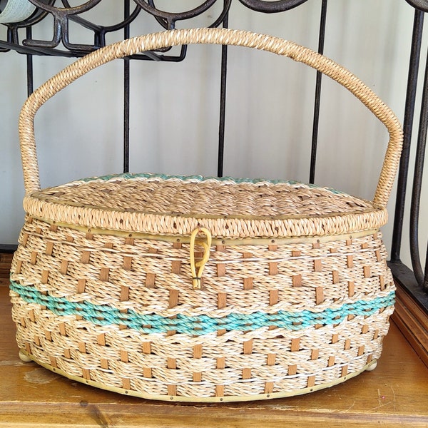 Vintage Faux Wicker Sewing Basket Large Sewing Basket Japan