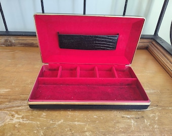 Vintage Jewelry Box Hard Case Hinged Travel Organizer Faux Black Alligator