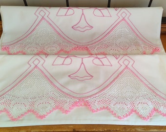 Vintage Pillowcase Set Pink and White Hand Crocheted Inset Trim King Size MORNING GLORIES