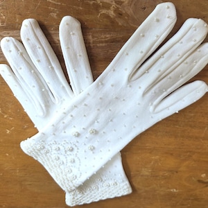 Vintage White Nylon Gloves Hand Beaded Micro Pearl Beads One Size