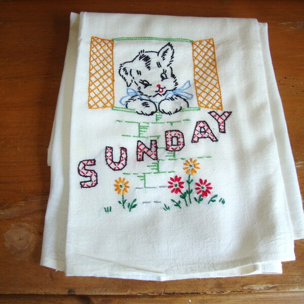 Vintage Embroidered Tea Towel Day of the Week Flour Sack Towel  36 x 36 NOS