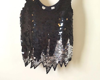 Vintage Seiden-Pailletten-Tanktop mit Fischschuppen- und Sternpailletten