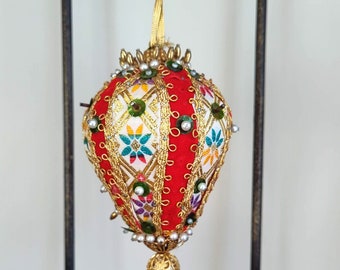 Vintage Beaded Sequin Christmas Ornament Brocade fabric with Gold Trim