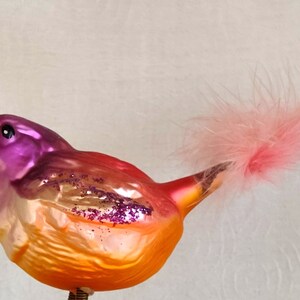 Vintage Figural Bird Glass Christmas Ornament SPARROW Clip On Ornament with Pink Tail Feathers image 6