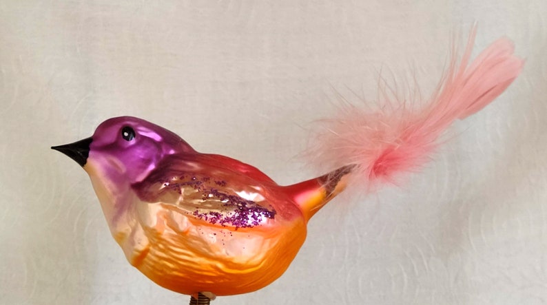 Vintage Figural Bird Glass Christmas Ornament SPARROW Clip On Ornament with Pink Tail Feathers image 6
