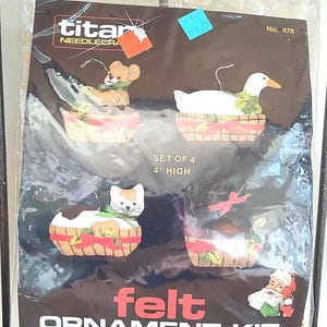 Vintage Felt Christmas Ornaments Needlework Kit Titan Needlecraft 478 Sealed Scotty/ Cat/ Goose/Teddy Bear