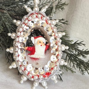 Vintage Santa Diorama Christmas Ornament Beaded Sequin