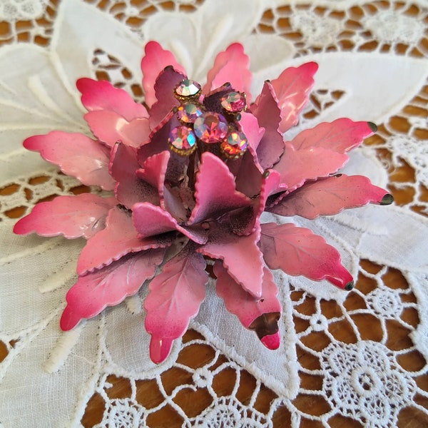 Vintage Pink Enamel Flower Brooch Pink AB Rhinestones Signed Coro