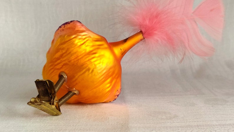 Vintage Figural Bird Glass Christmas Ornament SPARROW Clip On Ornament with Pink Tail Feathers image 5
