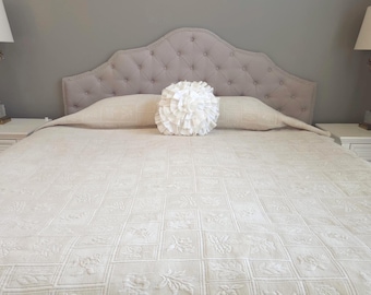 Vintage Full Matelassé Bedspread: Ivory Cotton Coverlet, Leaves and Flowers, 88 X 94