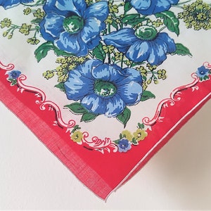 Vintage Hankie Handkerchief Hanky Blue Flowers on Red 11 x 12