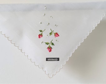 Vintage Hankie Embroidered Red Rosebuds Handkerchief Switzerland NWT