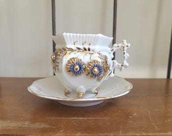 Antique Footed Teacup and Saucer Blue Flowers 24K Gold Accents