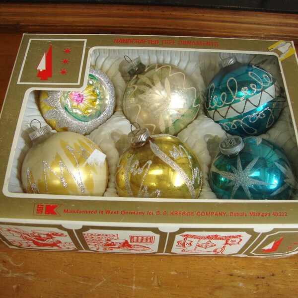 Vintage Christmas Ornaments Bulbs Mercury Glass Blue and Gold Set of 6 West Germany