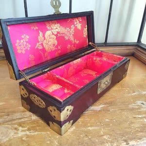 Vintage Chinese Jewelry Box Mahogany Jewelry Box with Carved Jade Inlay and Silk Lining