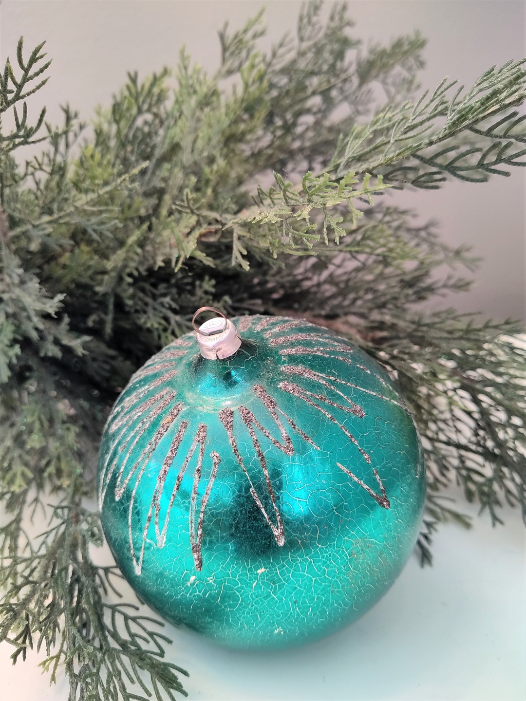 Vintage Mercury Glass Ornament Teal Blue Hand Blown With Sugared