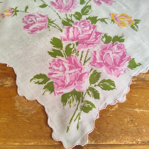 Vintage Hankie Pink Yellow Roses Handkerchief 12&quot; x 12&quot;