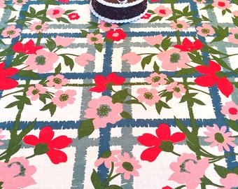 Vintage Tablecloth  Red Pink Flowers Mid Century 52 X 68