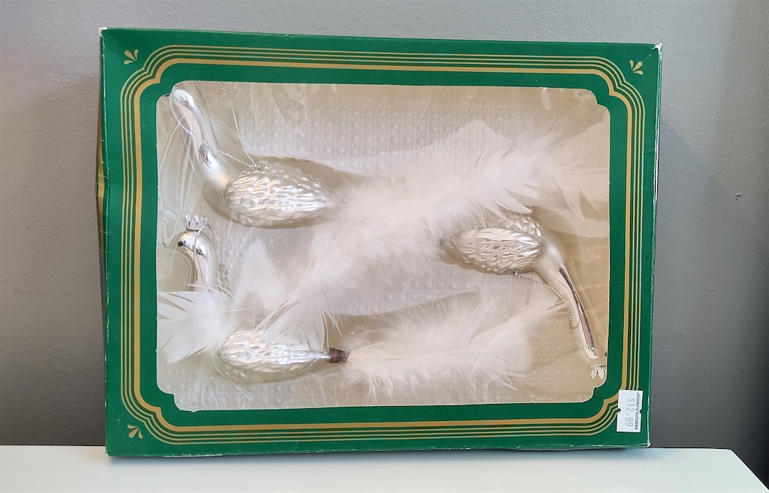 Vintage Bird Christmas Ornaments Set of 3 SILVER BIRDS With Feather