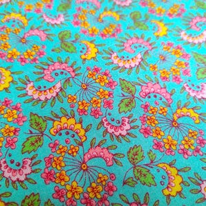 Vintage Floral Fabric Pink Yellow on Turquoise Cotton Fabric 46 X 36 By the Yard Cranston Print Works