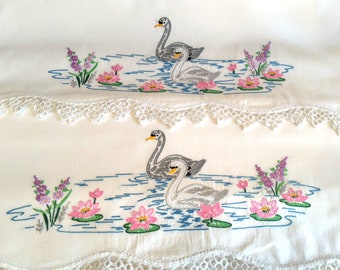 Vintage Embroidered Pillowcases SWANS On POND White Hand Tatted Trim Shabby Cottage