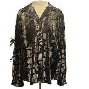 Leslie Fay Top Womens 16P Black Silver Velvet Snakeskin Metallic Vintage Blouse