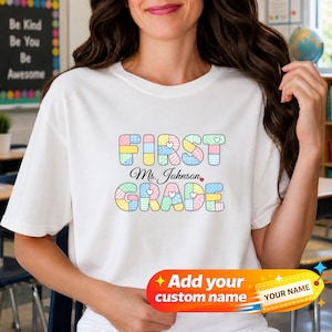Comfort Colors Kindergarten Teacher Shirt, Cute Teacher Life Tee, Custom Patchwork Teacher T-shirt, Personalized Teacher Name Shirt