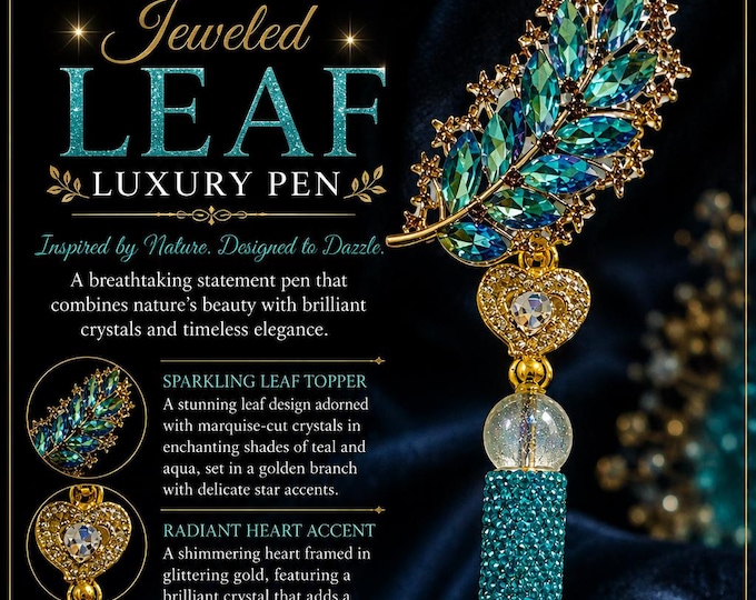 Teal Jeweled Leaf Pen, Aqua Rhinestone Pen, Crystal Leaf Writing Pen, Gold Nature Inspired Pen, Luxury Gift for Her