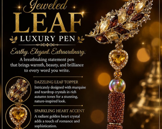 Amber Jeweled Leaf Pen, Brown Rhinestone Pen, Gold Crystal Leaf Pen, Autumn Inspired Writing Pen, Luxury Gift for Her