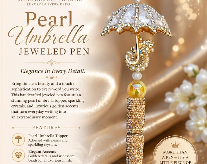 Pearl Umbrella Jeweled Pen, Gold Rhinestone Pen, Crystal Parasol Pen, Elegant Bling Pen, Luxury Gift for Her