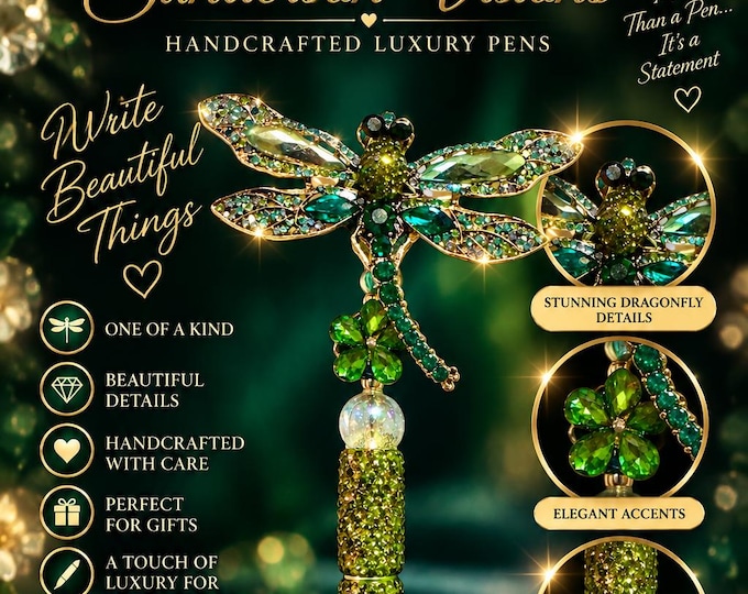 Emerald Dragonfly Jeweled Pen, Green Rhinestone Pen, Crystal Dragonfly Gift, Luxury Bling Writing Pen, Unique Gift for Her