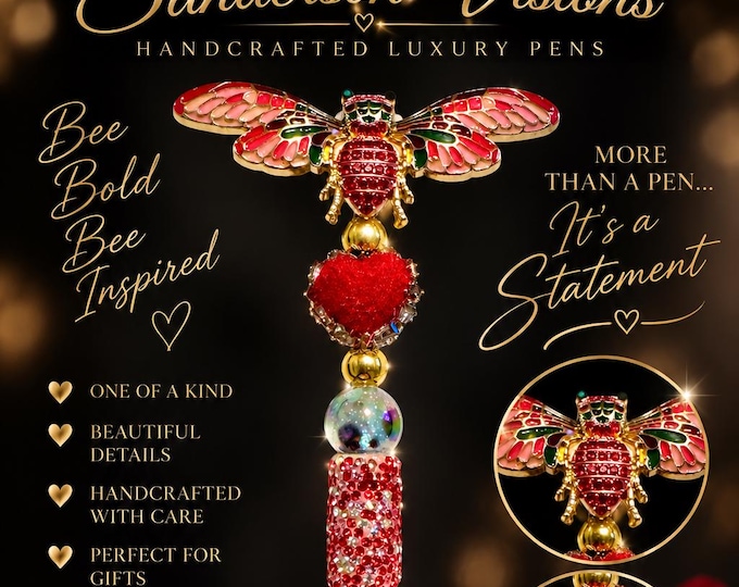 Red Bee Jeweled Pen, Heart Rhinestone Pen, Gold Crystal Bee Pen, Luxury Bling Writing Pen, Handmade Gift for Her