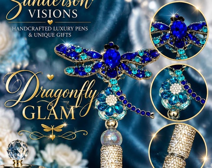 Blue Dragonfly Rhinestone Pen – Sapphire & Aqua Jeweled Pen – Crystal Dragonfly Gift – Luxury Sparkle Pen for Her