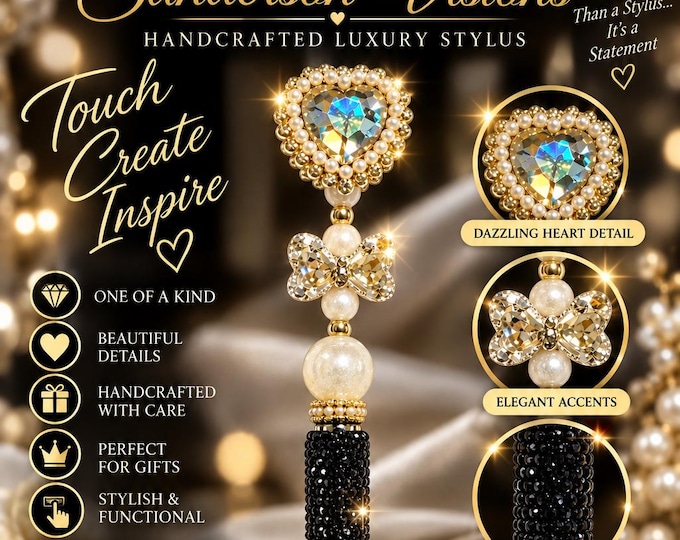 Black Gold Jeweled Stylus, Crystal Heart Touchscreen Stylus, Rhinestone Phone Stylus, Luxury Tablet Stylus, Elegant Gift for Her