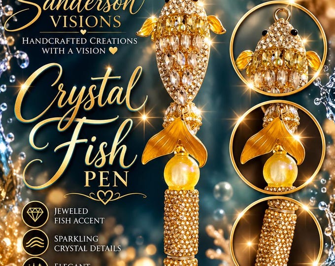 Crystal Fish Rhinestone Pen, Gold Jeweled Fish Pen, Sparkly Ocean Lover Gift, Luxury Writing Pen, Handmade Unique Gift for Her