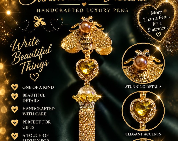 Gold Bee Jeweled Pen, Crystal Heart Rhinestone Pen, Honey Bee Gift for Her, Luxury Bling Writing Pen, Handmade Statement Pen