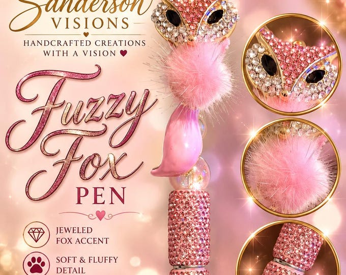 Pink Fuzzy Fox Rhinestone Pen, Jeweled Fox Pen, Sparkly Crystal Writing Pen, Fox Lover Gift, Handmade Glam Pen, Unique Gift for Her