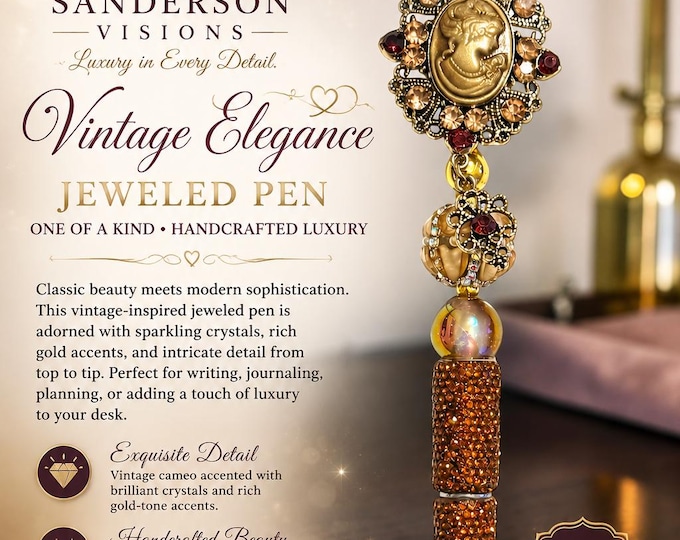 Vintage Cameo Jeweled Pen, Bronze Rhinestone Pen, Victorian Style Writing Pen, Antique Inspired Gift for Her, Luxury Bling Pen