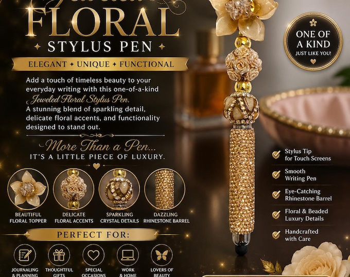 Gold Floral Stylus Pen, Jeweled Rhinestone Pen, Champagne Flower Pen, Luxury Bling Pen, Elegant Gift for Her