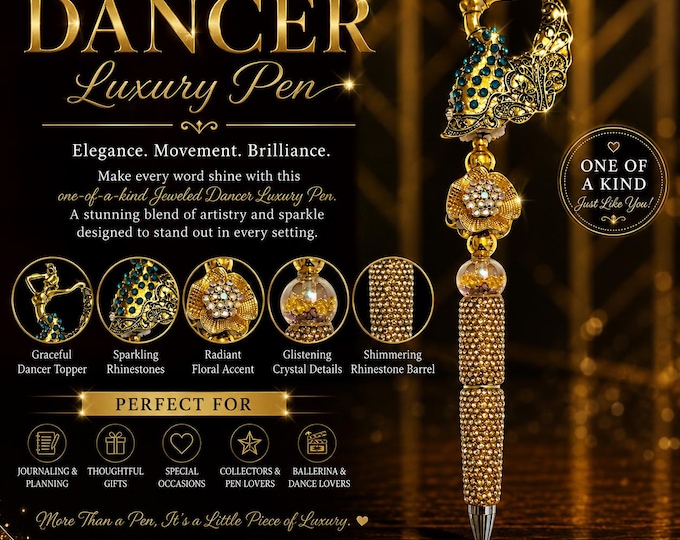 Jeweled Dancer Pen, Gold Rhinestone Pen, Crystal Ballerina Pen, Dance Lover Gift, Luxury Bling Pen, Gift for Her