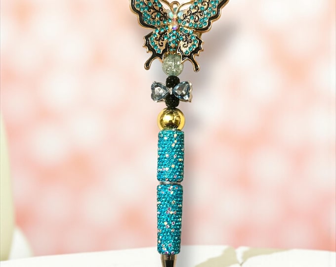 Blue and Black Butterfly Rhinestone Pen: Jeweled Desk Accessory