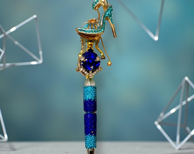 Blue Stiletto Rhinestone Pen: Jeweled Desk Accessory