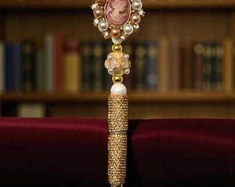 Pretty Vintage Cameo Inspired Rhinestone Pen: Jeweled Desk Accessory, Pearl & Gold Accents