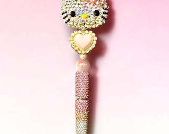 Acrylic  Rhinestone Kitty with Pink Bow Pen: Jeweled Desk Accessory