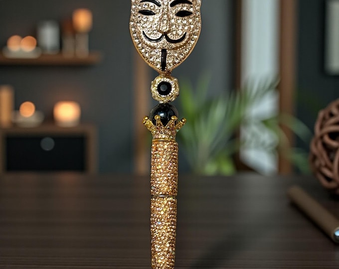 Golden Anonymous Masked Rhinestone Pen: Jeweled Desk Accessory